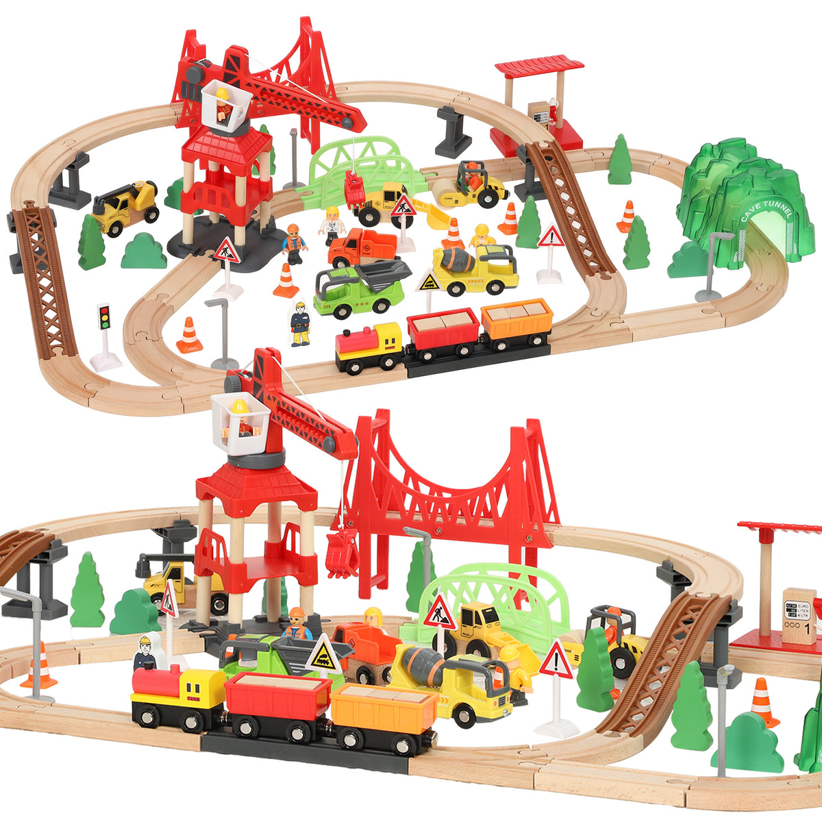 91-Piece Wooden Train Set, Toy Train with Magnetic Crane, Sound