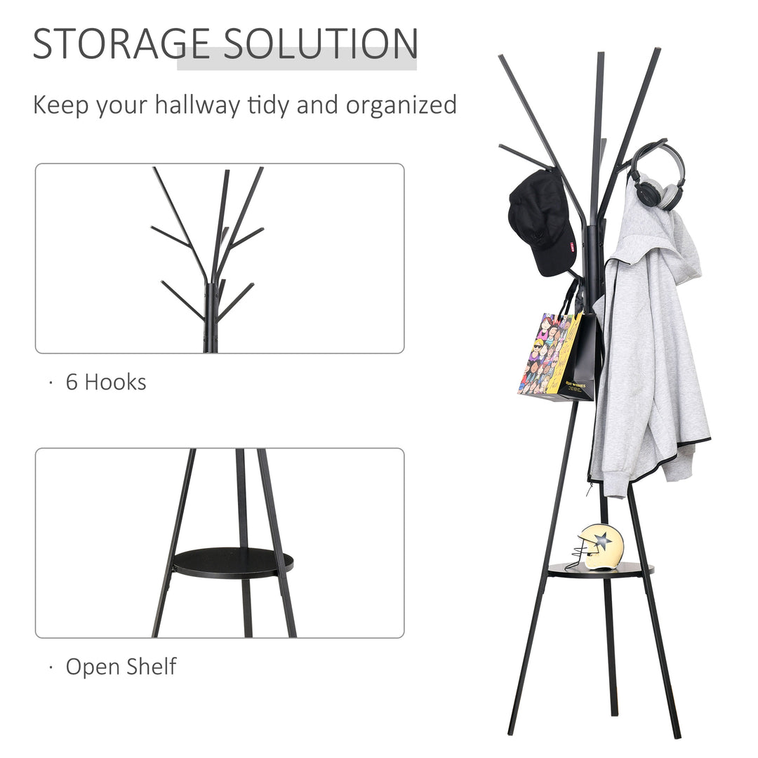 HOMCOM 180cm Free Standing Metal Coat Rack Stand 9 Hooks Clothes Tree with 1 Shelf Hat Display Hall Tree Hanger Bag Umbrella Hanging Organiser (Black)