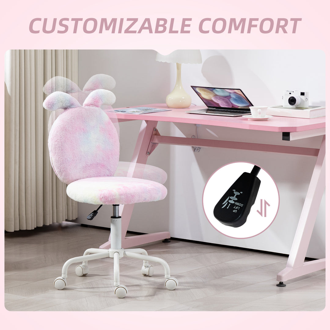 Fuzzy Office Chair with Bunny Ears, Faux Fur Swivel Desk Chair, Armless Makeup Vanity Chair with Adjustable Height for Bedroom, Study Room, Colourful