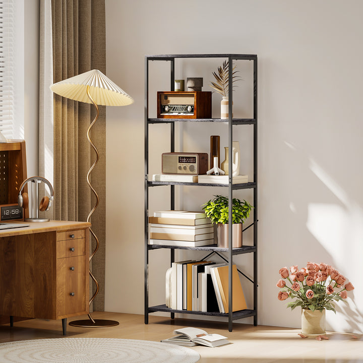 5-Tier Bookshelf, Industrial Bookcase with Metal Frame - Dark Grey and