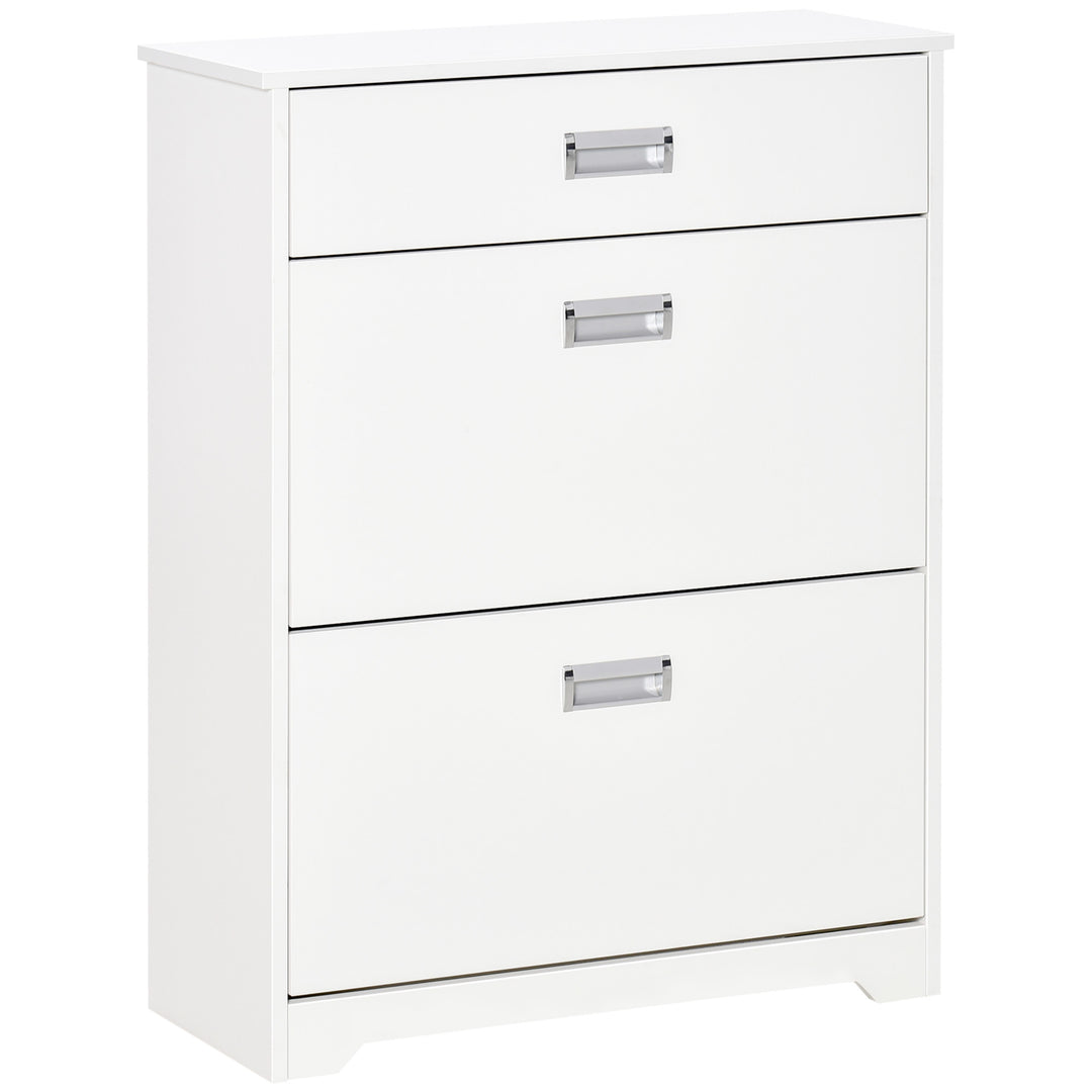 Shoe Cabinet, Slim Shoe Storage Cabinet with Drawer, 2 Flip-up Doors and Adjustable Shelf, Narrow Shoe Cupboard for 16 Pairs of Shoes for Entryway, Hallway, White