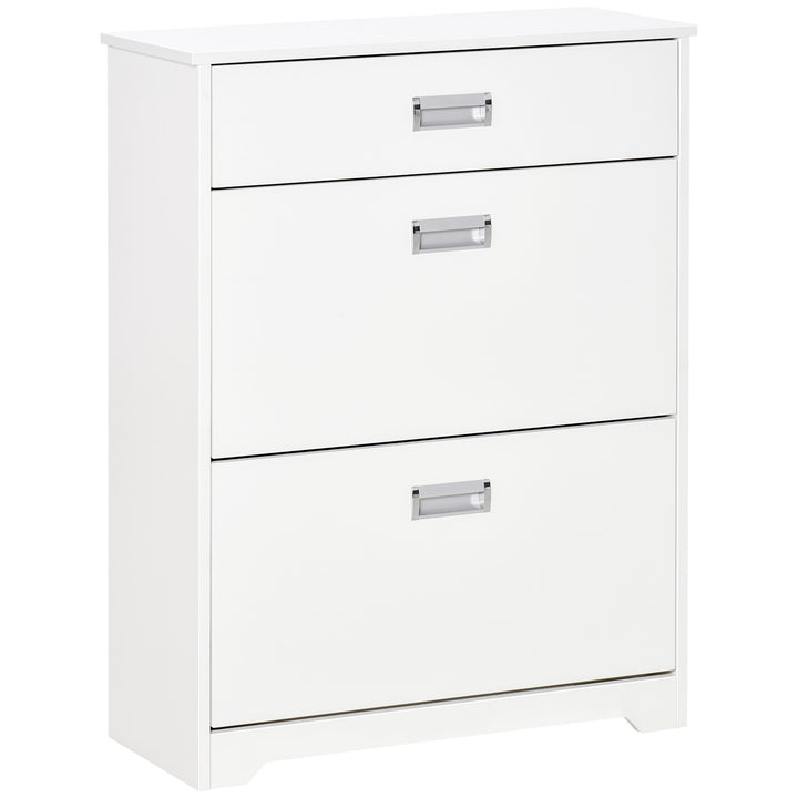 Shoe Cabinet, Slim Shoe Storage Cabinet with Drawer, 2 Flip-up Doors and Adjustable Shelf, Narrow Shoe Cupboard for 16 Pairs of Shoes for Entryway, Hallway, White
