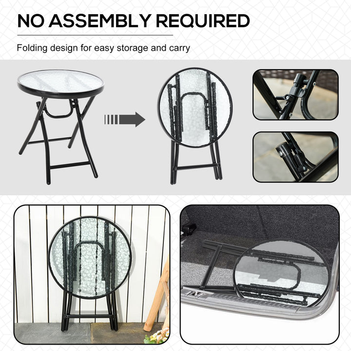 MCL Foldable Garden Table, Round Folding Table with Glass Tabletop and Safety Buckle for Patio, Garden, Outdoor, Indoor, Black