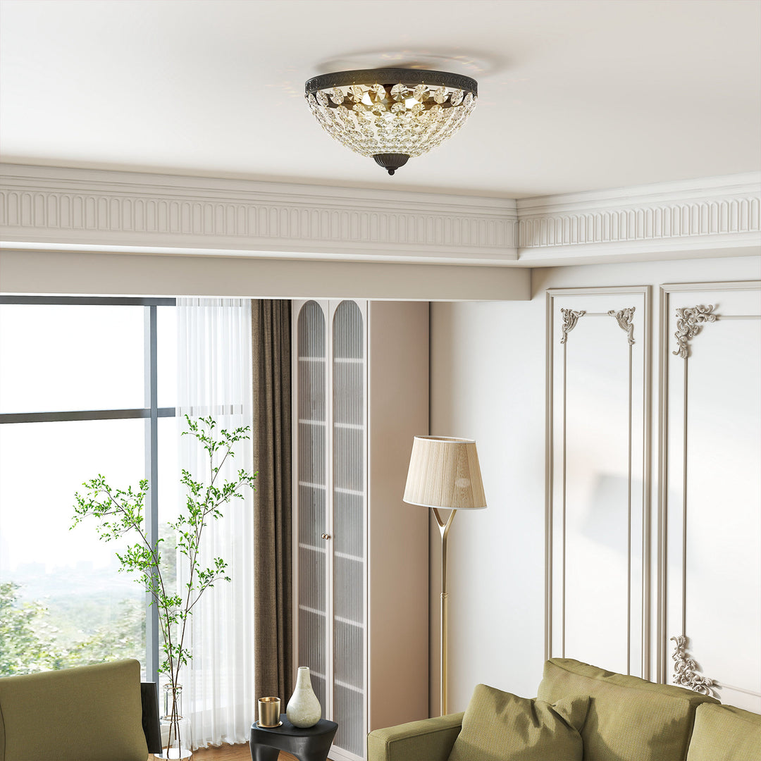 MCL Crystal Chandelier Ceiling Light with 168 Octagonal Beads, Vintage 2-Light Flush Mount Ceiling Light for Living Room, Bedroom, Hallway, Dining Room, Black