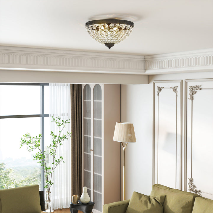 MCL Crystal Chandelier Ceiling Light with 168 Octagonal Beads, Vintage 2-Light Flush Mount Ceiling Light for Living Room, Bedroom, Hallway, Dining Room, Black