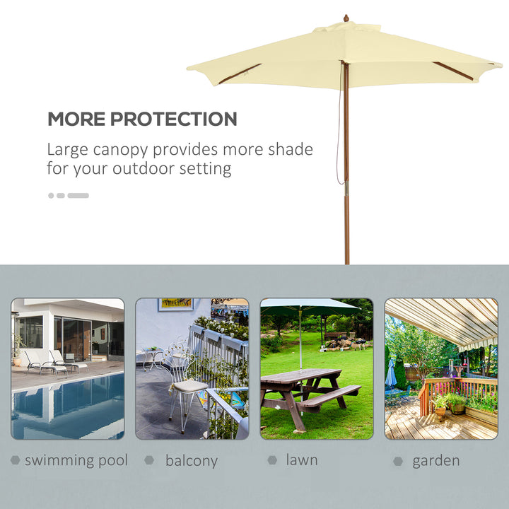 2.5m Wood Garden Parasol Sun Shade Patio Outdoor Wooden Umbrella Canopy, Table Market Umbrella with Vent, 38mm Pole, Rope Pulley Mechanism, Cream White
