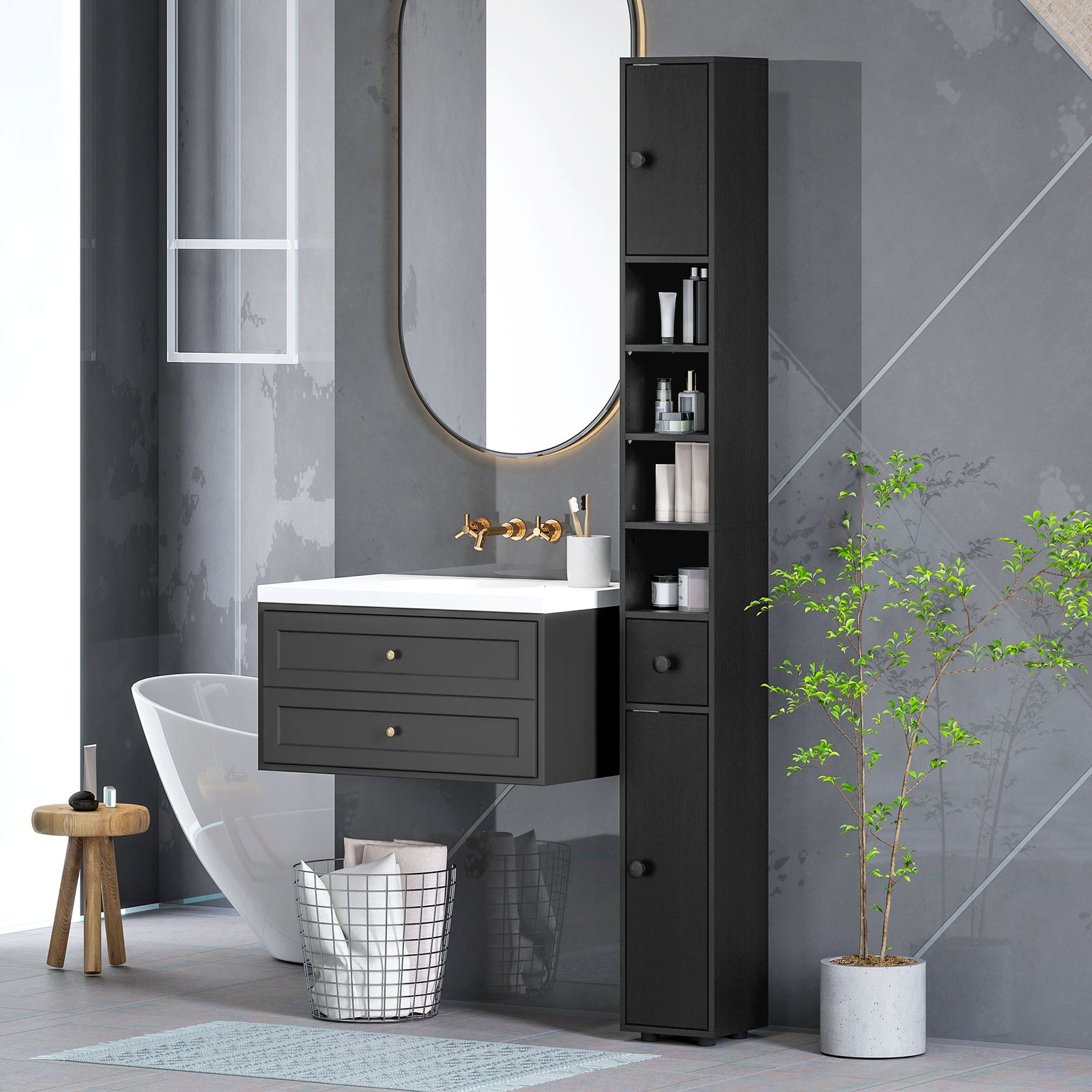 180cm Slim Bathroom Cabinet, with Drawer, Shelves and Cupboards - Black