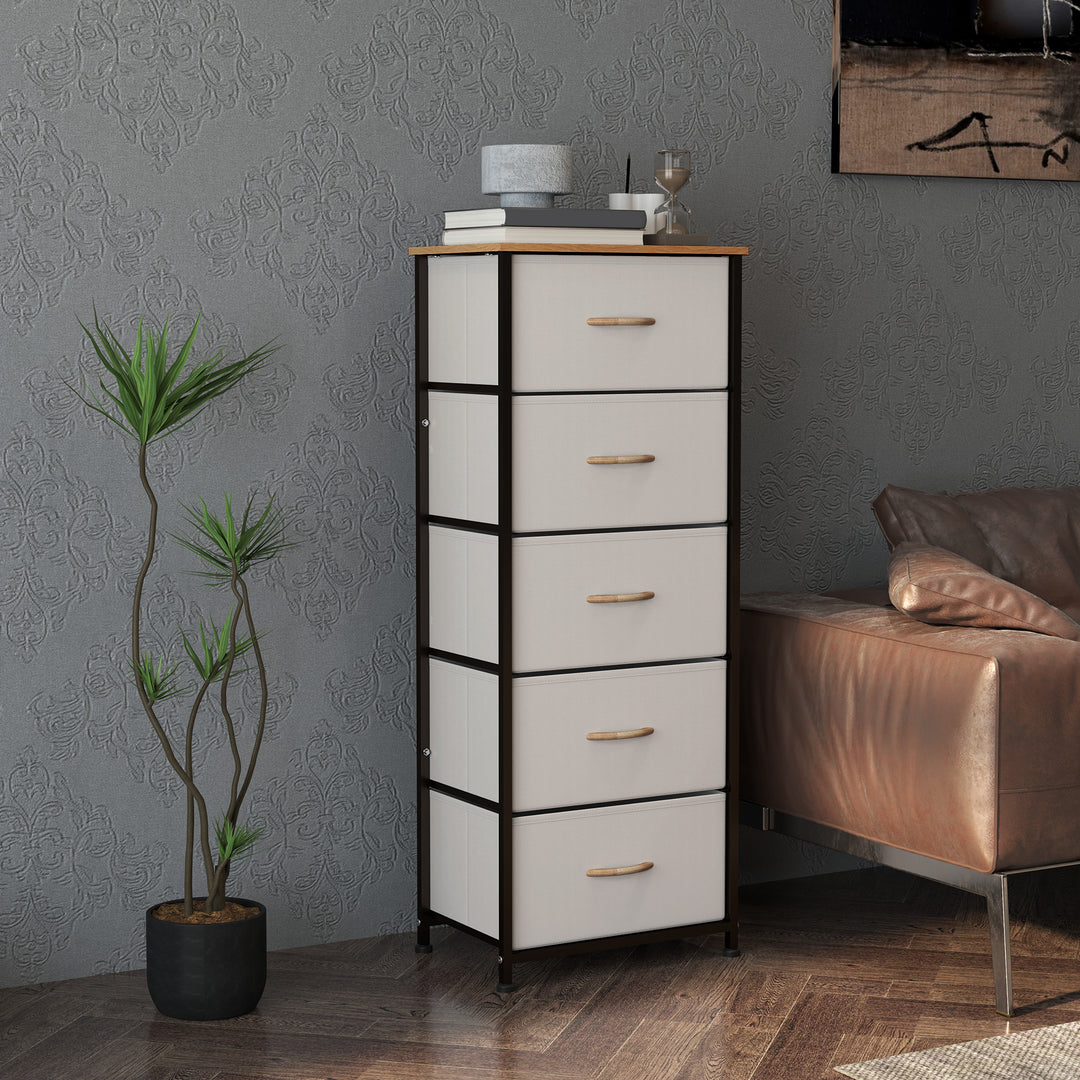 Fabric Chest of Drawers, Industrial Bedroom Dresser with 5 Fabric Drawers, Steel Frame and Wooden Top for Nursery, Living Room, Hallway, Cream White