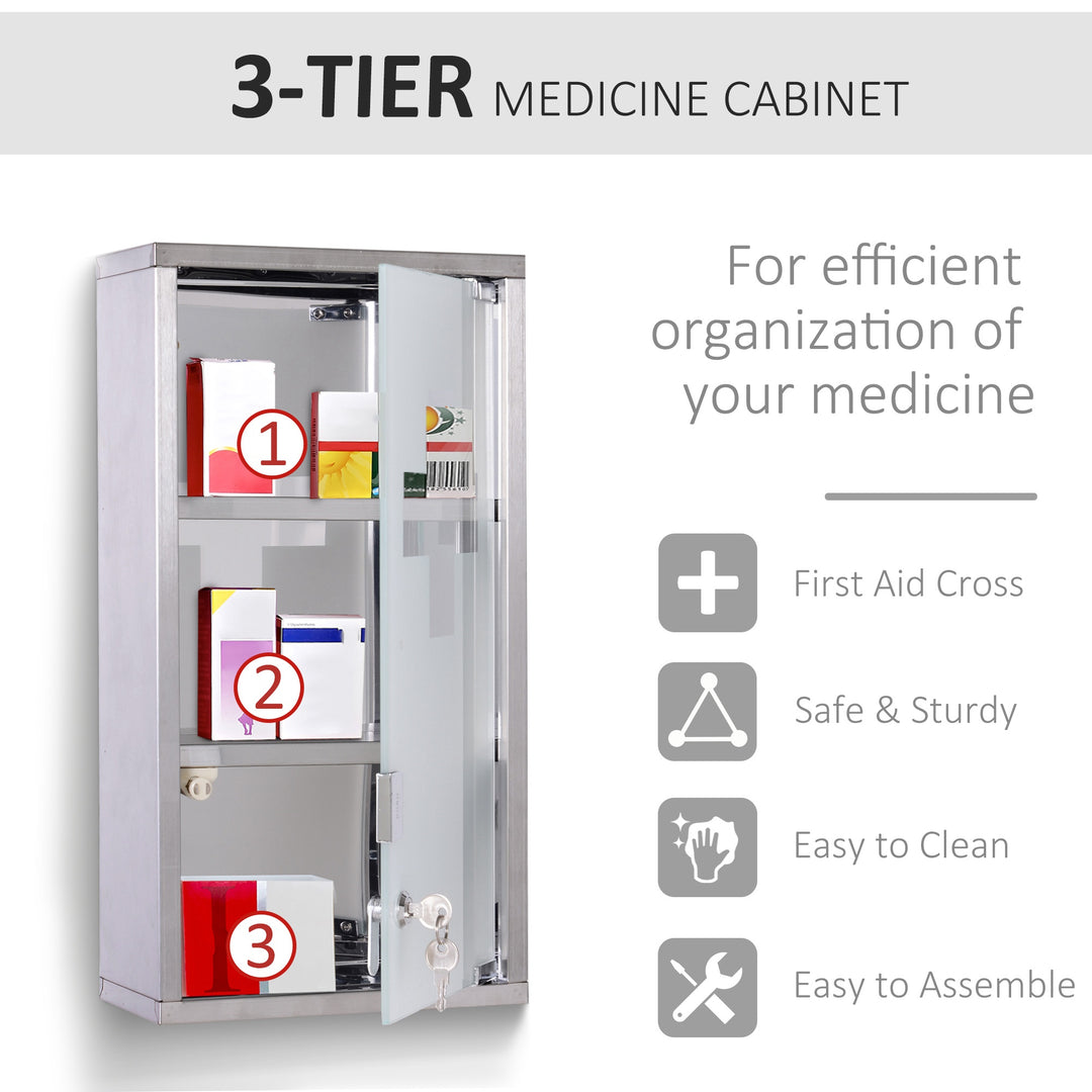 HOMCOM Lockable Medicine Cabinet: Stainless Steel Wall-Mounted Unit with 2 Shelves & Security Glass Door, 48cm Height | Aosom UK