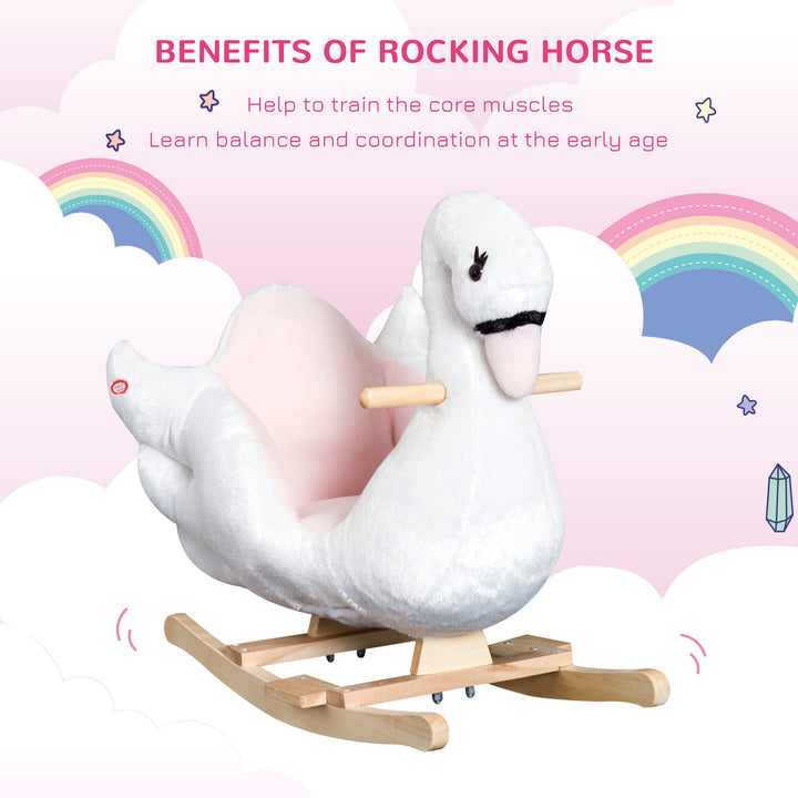 Kids Rocking Horse Plush Ride On Swan Toy w/ Safety Seat for Toddler 18 Months +, White and Pink