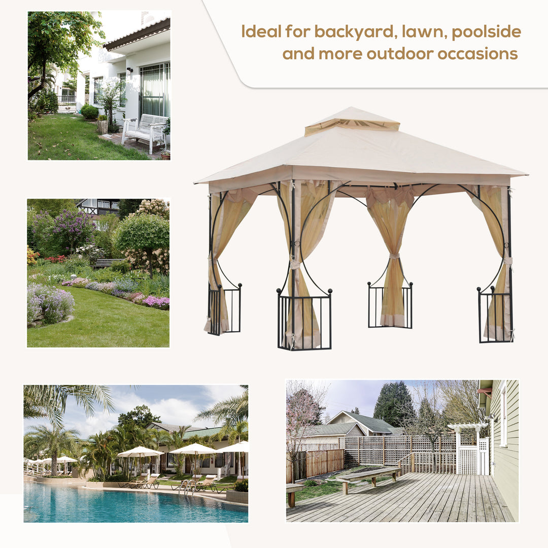 Outsunny Waterproof 3 x 3 M Garden Gazebo Patio Party Tent Shelter Outdoor Canopy Double Tier Sun Shade Metal Frame Beige | Aosom UK