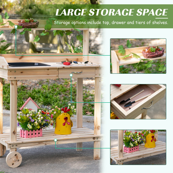 MCL Garden Potting Bench Table, Wooden Work Station, Outdoor Planting Workbench with 2 Wheels, Sink, Drawer & Large Storage Spaces, 92x45x119cm