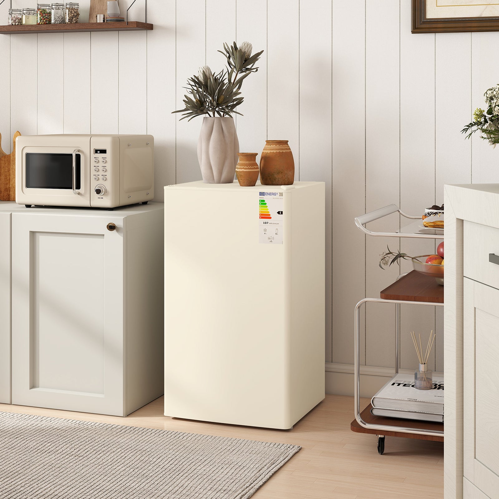 91 Litre Freestanding Under Counter Fridge Freezer, Small Fridge with Chiller Box, Adjustable Thermostat, 47.5cm Wide, Beige