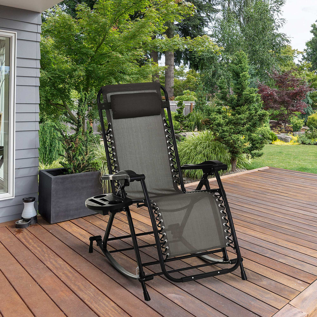Garden Rocking Chair Folding Recliner Outdoor Adjustable Sun Lounger Rocker Zero-Gravity Seat with Headrest Side Holder Patio Deck - Grey