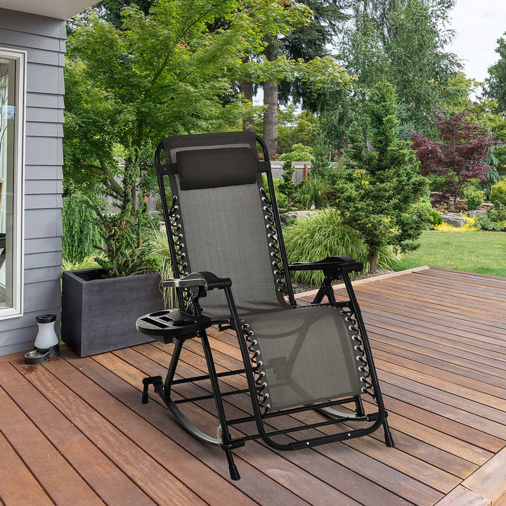 Garden Rocking Chair Folding Recliner Outdoor Adjustable Sun Lounger Rocker Zero-Gravity Seat with Headrest Side Holder Patio Deck - Grey