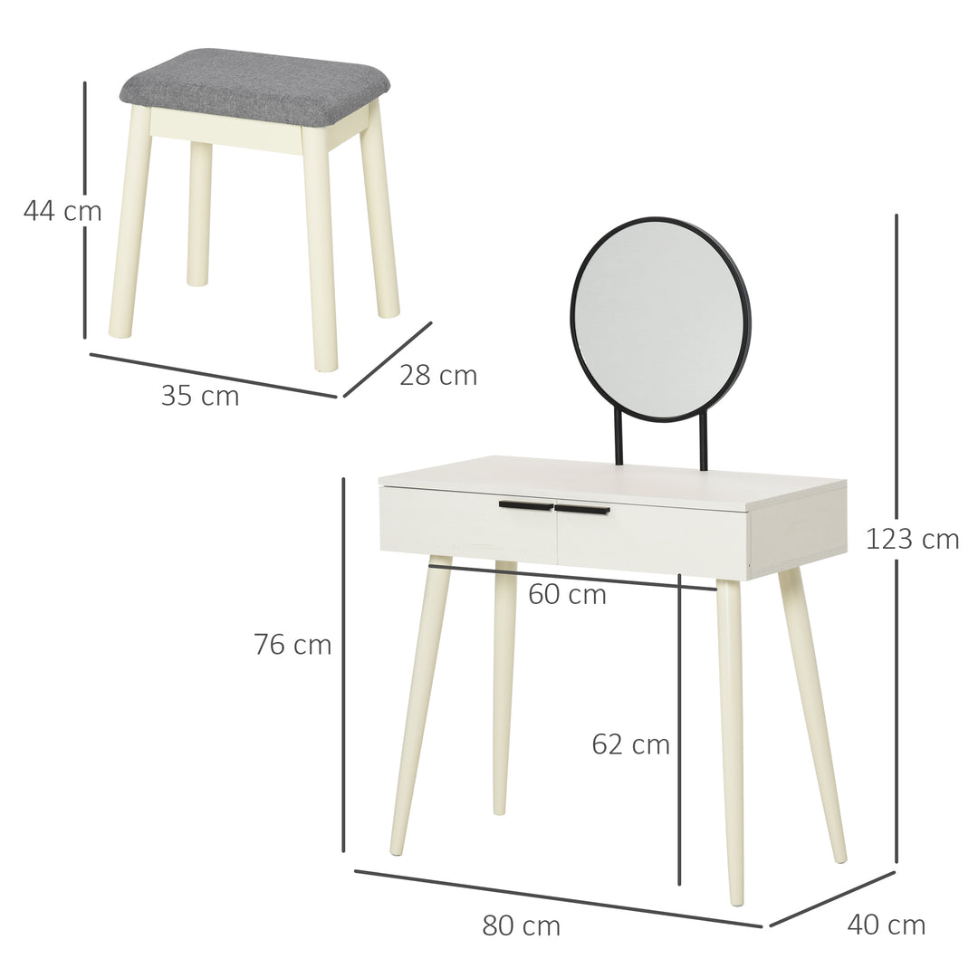 HOMCOM Dressing Table Set with Round Mirror Vanity Table Set w/ Makeup Desk, Cushioned Stool, 2 Drawers for Jewelry Storage, White | Aosom UK