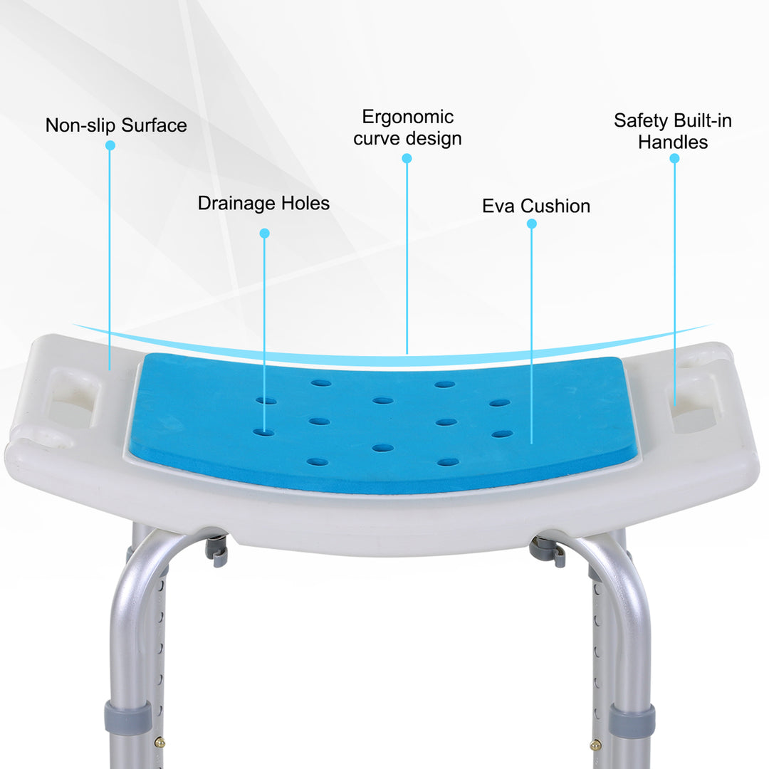 HOMCOM 6-Level Height Adjustable Aluminium Bath Room Stool Chair Shower Non-Slip Design w/ Padded Seat Drainiage Holes Foot Pad - Blue | Aosom UK