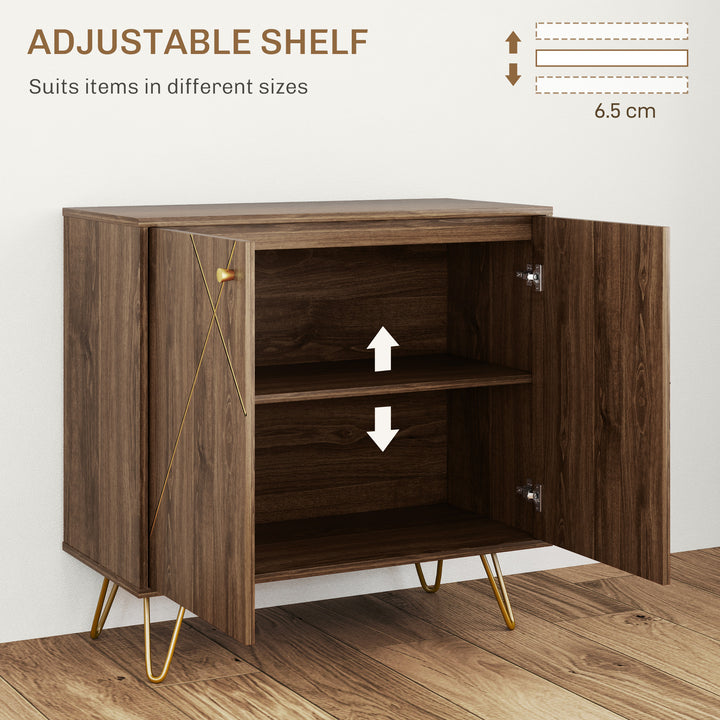 Sideboard Storage Cabinet with Golden Lines, Modern Luxury Living Room Cabinet with Adjustable Shelf, Steel Harpin Legs, Brown
