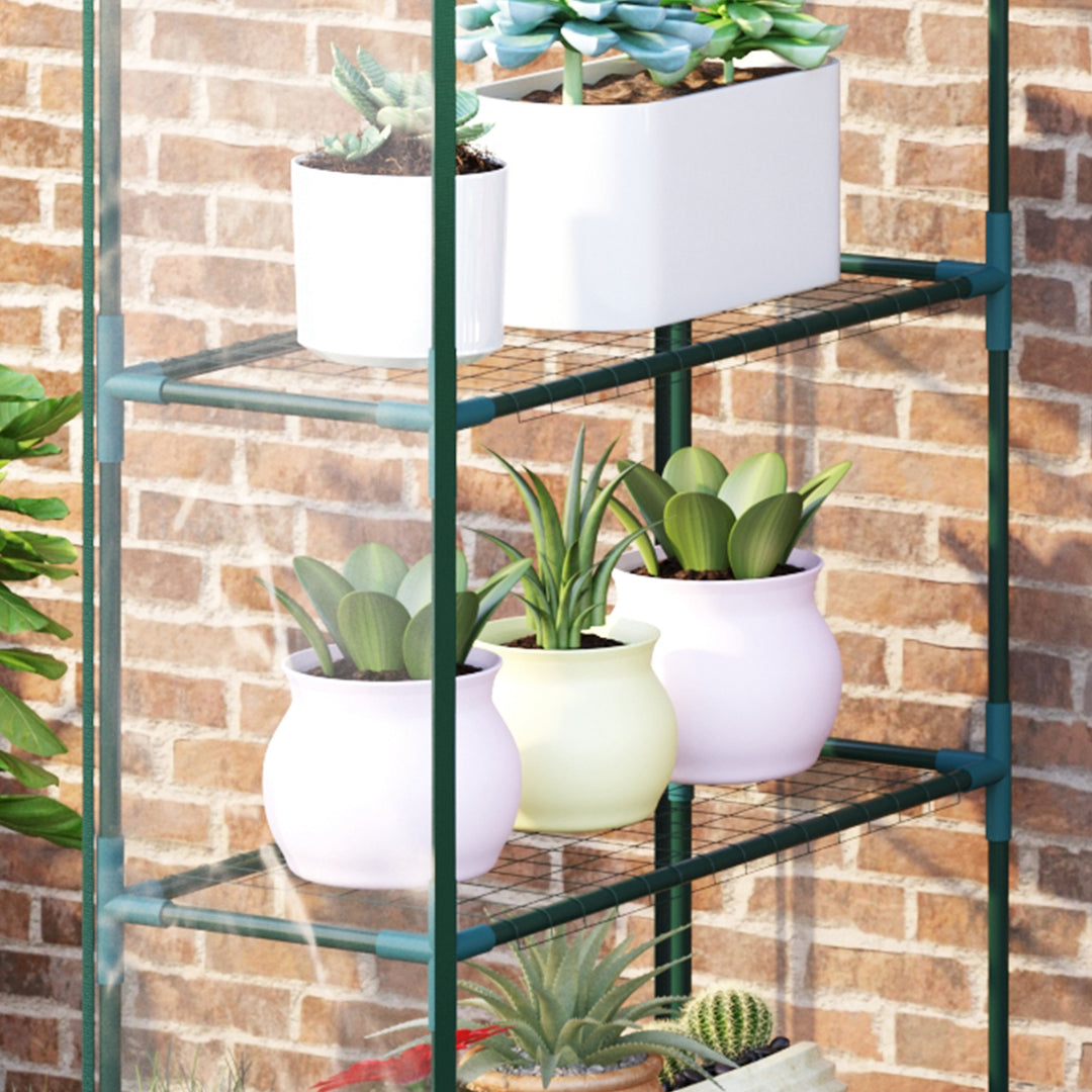 Walk in Greenhouse with 4-Tier 8 Shelves, Green House with Hemmed Cover, Roll-up Zipped Door, Steel Frame, 143 x 73 x 195cm