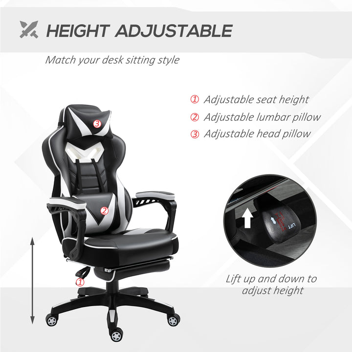 Vinsetto Racing Gaming Chair Ergonomic Office Desk Chair with Adjustable Height, Wheels, Headrest, Lumbar Support, Retractable Footrest, White