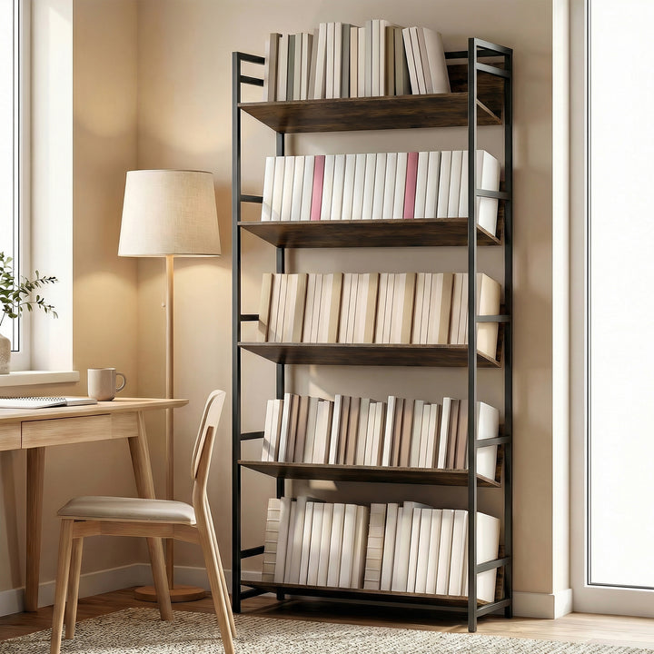 Bookshelf 5-Tier Metal Frame Room Divider Bookcase Storage Shelves for