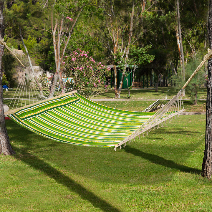 Double Cotton Hammock Camping Swing Outdoor Garden Beach Stripe Hanging Bed with Pillow, 188 x 140 cm, 180 KG Capacity, Green