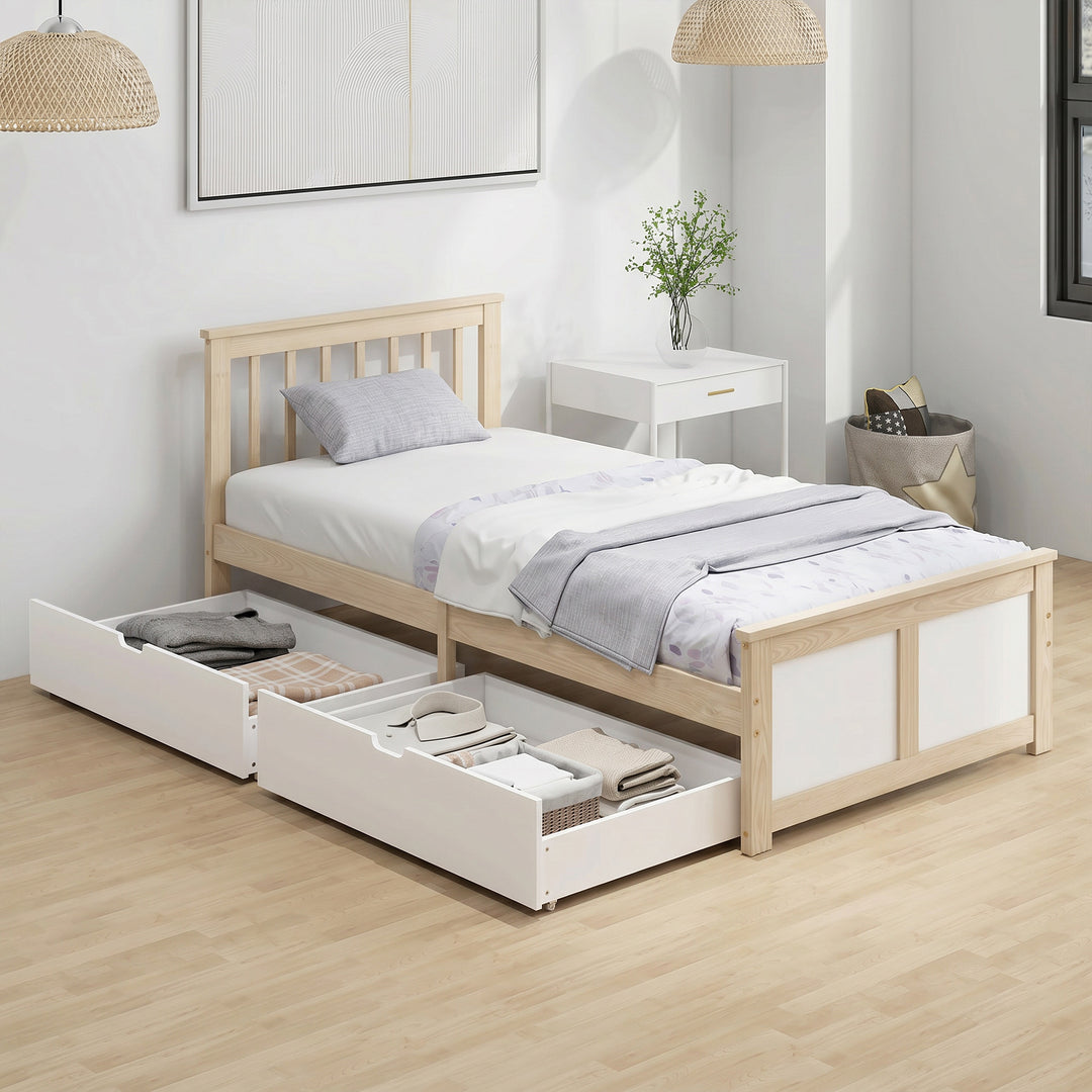 Pine Storage Bed, 3ft Single Solid Wooden Bed Frame with Drawers, Head