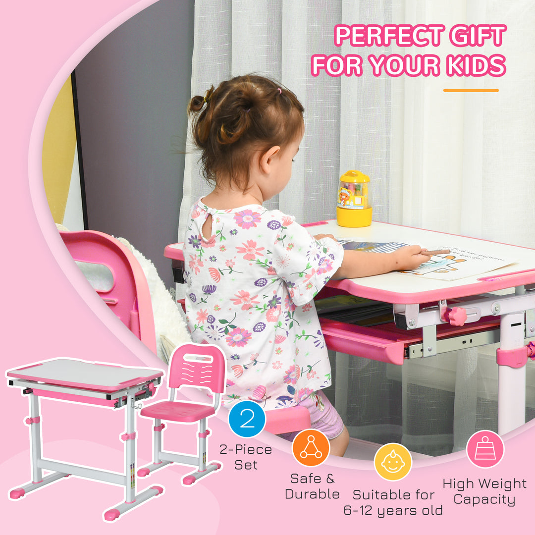 HOMCOM Adjustable Kids Desk and Chair Set, Student Writing Desk with Drawer, Pen Slot, Hook, Pink | Aosom UK