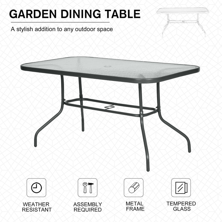 Outsunny Aquatex Glass Garden Table Curved Metal Frame w/ Parasol Hole 4 Legs Outdoor Dining Sturdy Balcony Friends Family Tempered Grey | Aosom UK