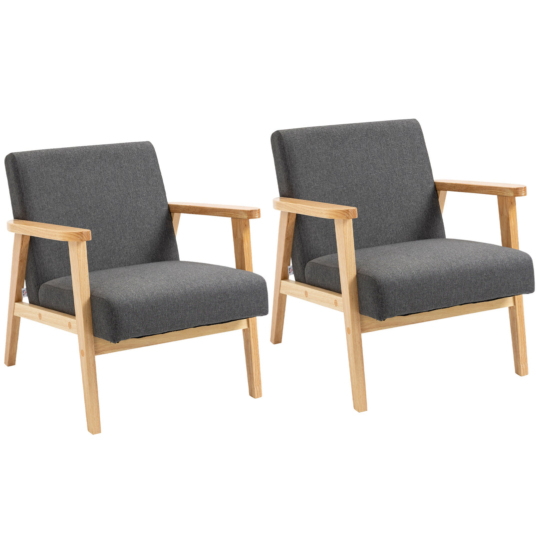 Set of 2 Accent Armchair, Living Room Chair, Wooden Upholstered Single Lounge Chair with Rubber Wood Legs and Padded Seat , Leisure Sofa Chair for Bedroom Office, Dark Grey