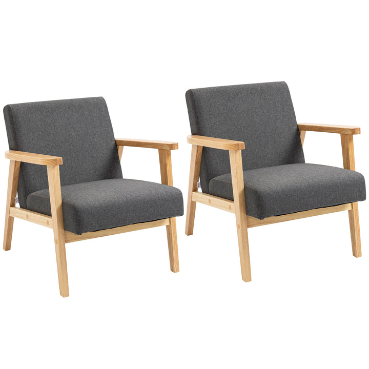 Set of 2 Accent Armchair, Living Room Chair, Wooden Upholstered Single Lounge Chair with Rubber Wood Legs and Padded Seat , Leisure Sofa Chair for Bedroom Office, Dark Grey