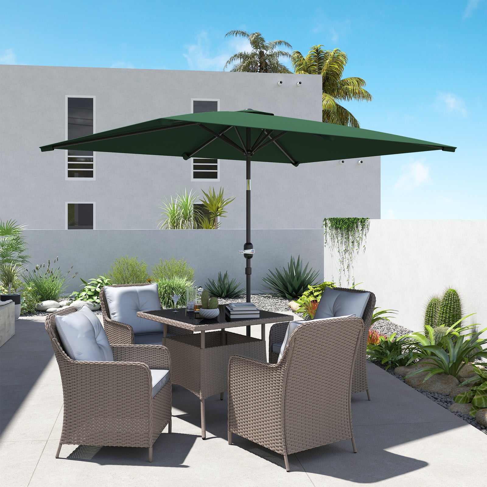 3x2m Patio Parasol Garden Umbrellas Canopy with Aluminium Tilt Crank Rectangular Sun Shade Steel, Green