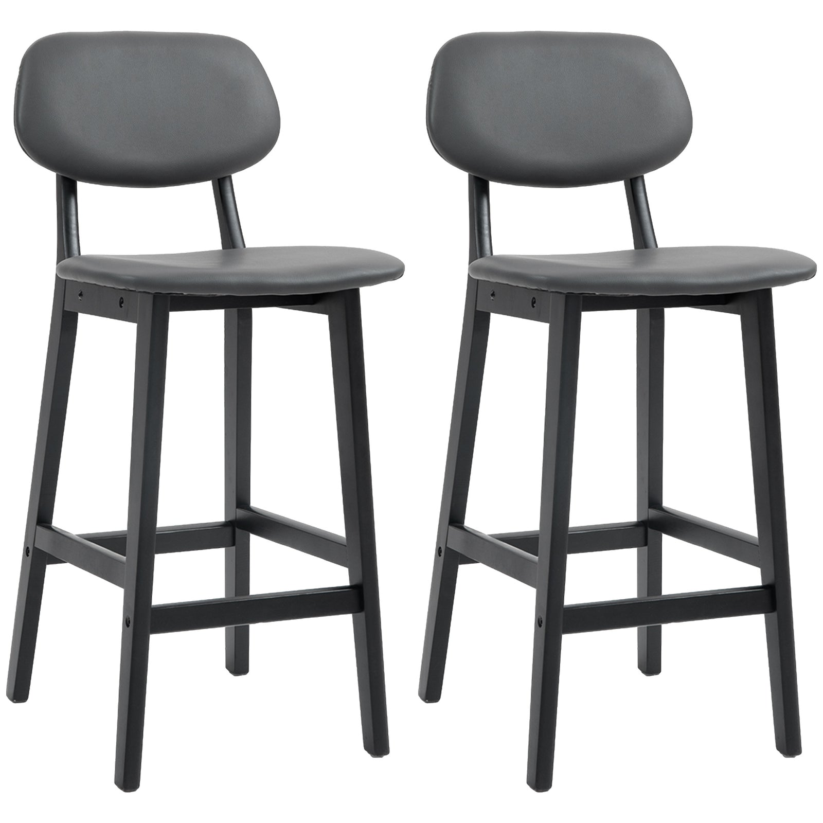 Bar Stools Set of 2, Breakfast Bar Chairs, PU Leather Upholstered Kitchen Stools with Backs, Footrests and Solid Wood Legs, Dark Grey