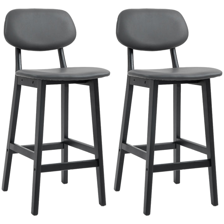 Bar Stools Set of 2, Breakfast Bar Chairs, PU Leather Upholstered Kitchen Stools with Backs, Footrests and Solid Wood Legs, Dark Grey
