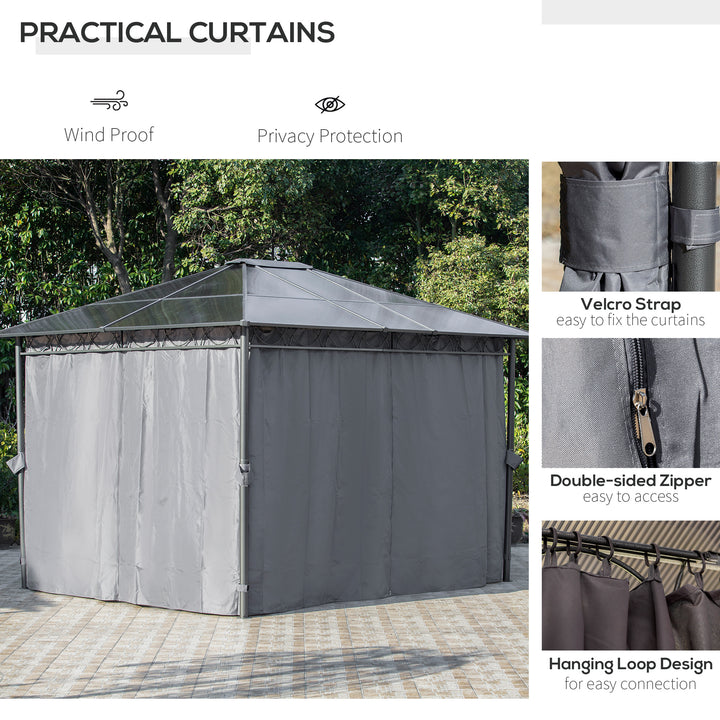 3 x 3.6m Hardtop Gazebo Canopy with Polycarbonate Roof, Permanent Pavilion Garden Gazebo with Curtains for Patio, Deck, Grey