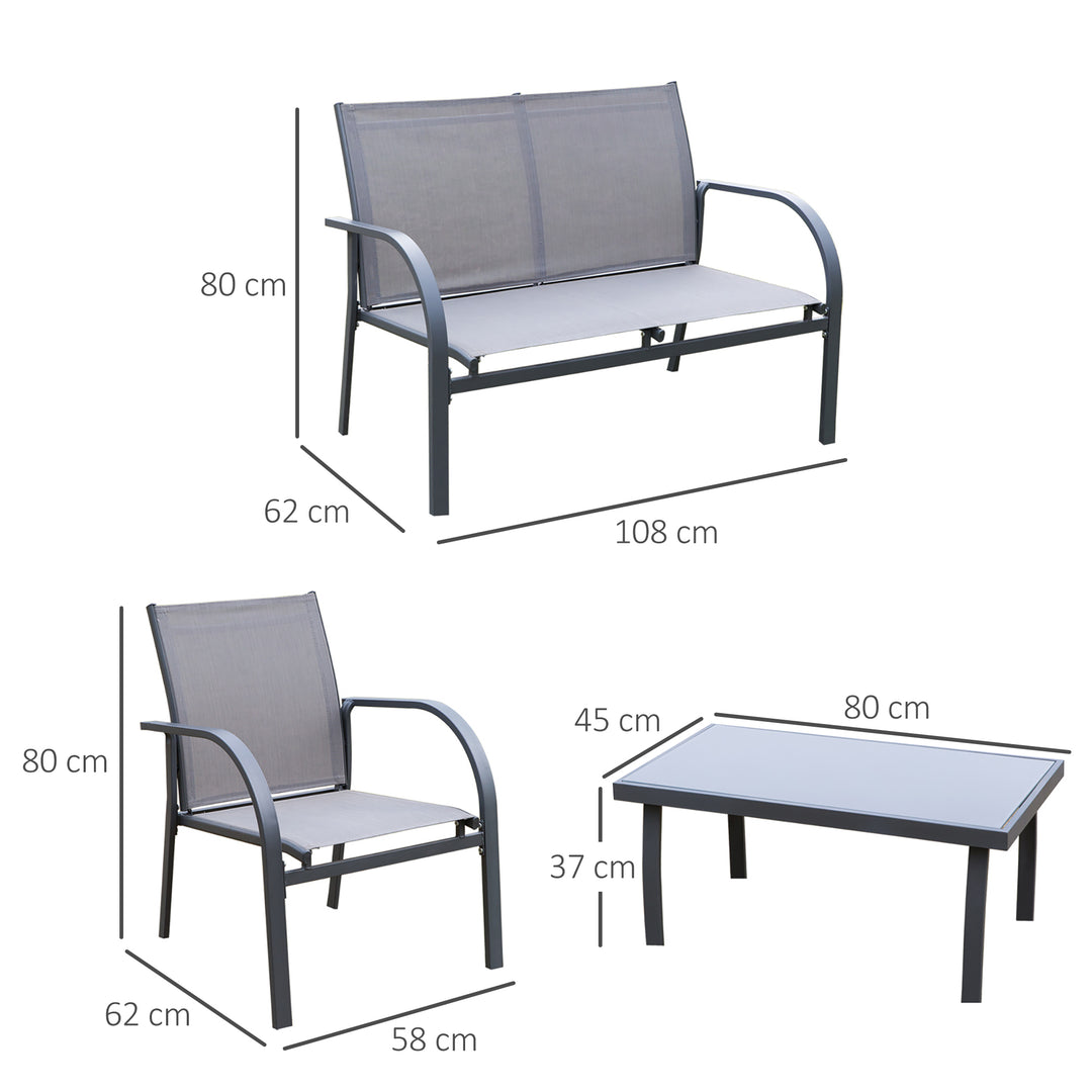 Outsunny 4 pcs Curved Steel Patio Furniture Set w/ Loveseat, Texteline Seats, Glass Top Table For Party Event, Grey | Aosom UK