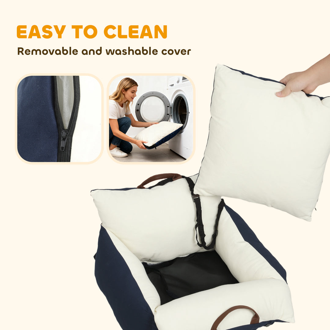 MCL Dog Car Seat, Cosy Pet Car Booster Seat for Small Dog Under 5 KG, Portable Travel Bed with Safety Belts, Navy Blue