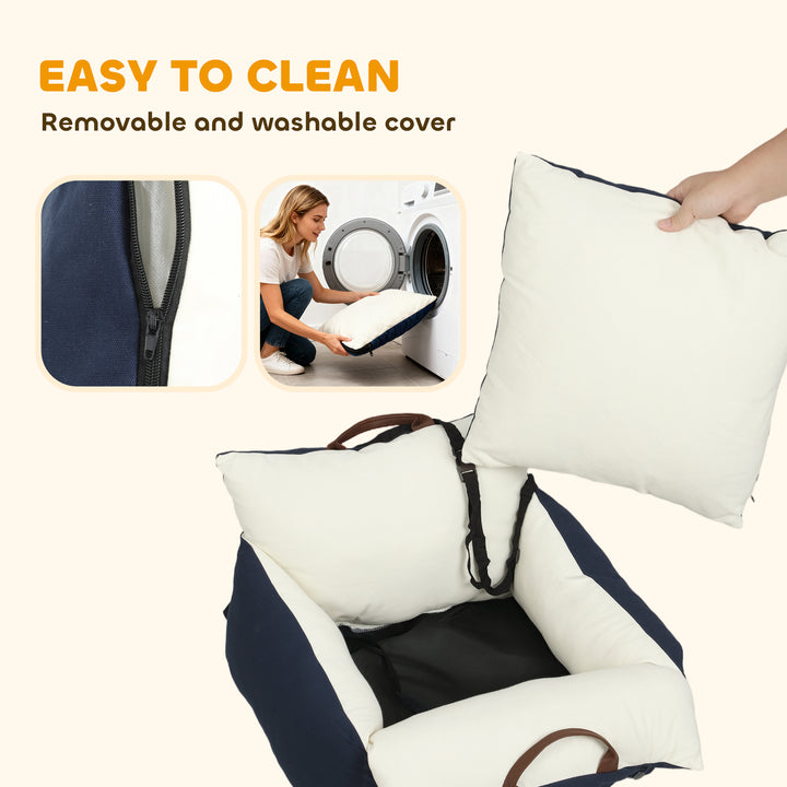 MCL Dog Car Seat, Cosy Pet Car Booster Seat for Small Dog Under 5 KG, Portable Travel Bed with Safety Belts, Navy Blue