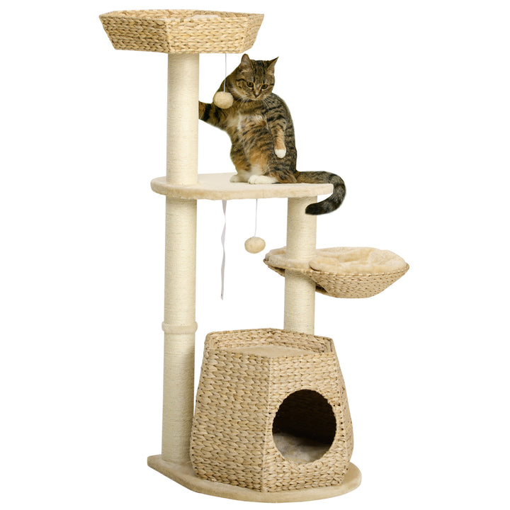 PawHut Cat Tree Tower: Climbing Activity Centre with Cattail, Bed, House, Sisal Scratching Post, Hanging Ball, Natural Tones | Aosom UK