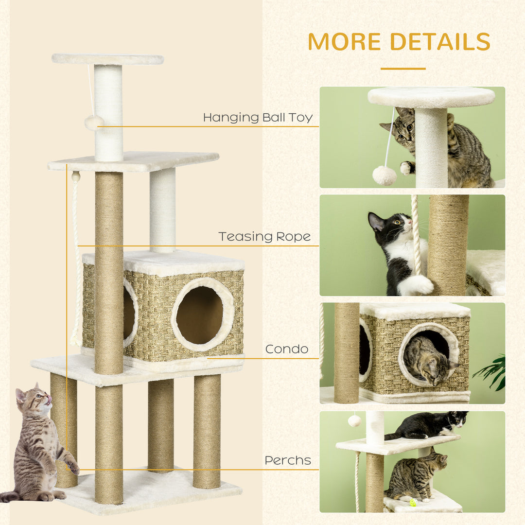 PawHut Cat Tree Tower, Indoor Climbing Activity Centre for Kittens with Jute Scratching Posts, Cosy Condo, Stand & Hanging Ball Toy, Beige | Aosom UK