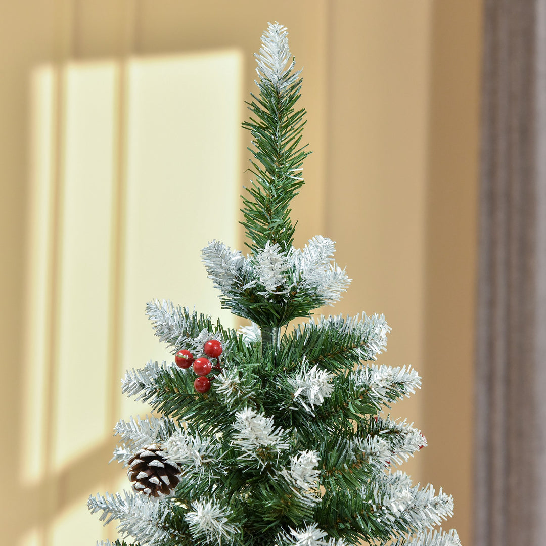 5FT Artificial Christmas Tree Xmas Pencil Tree with Red Berries and Pinecones Holiday Home Indoor Decoration with Foldable Feet, Green