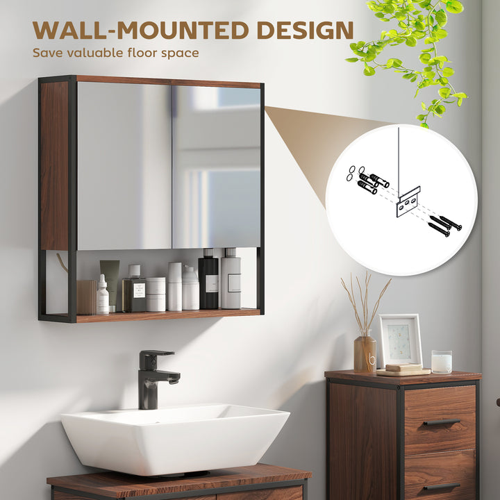 Bathroom Mirror Cabinet with Soft-Close Doors and Adjustable Shelf - Natural Wood Finish