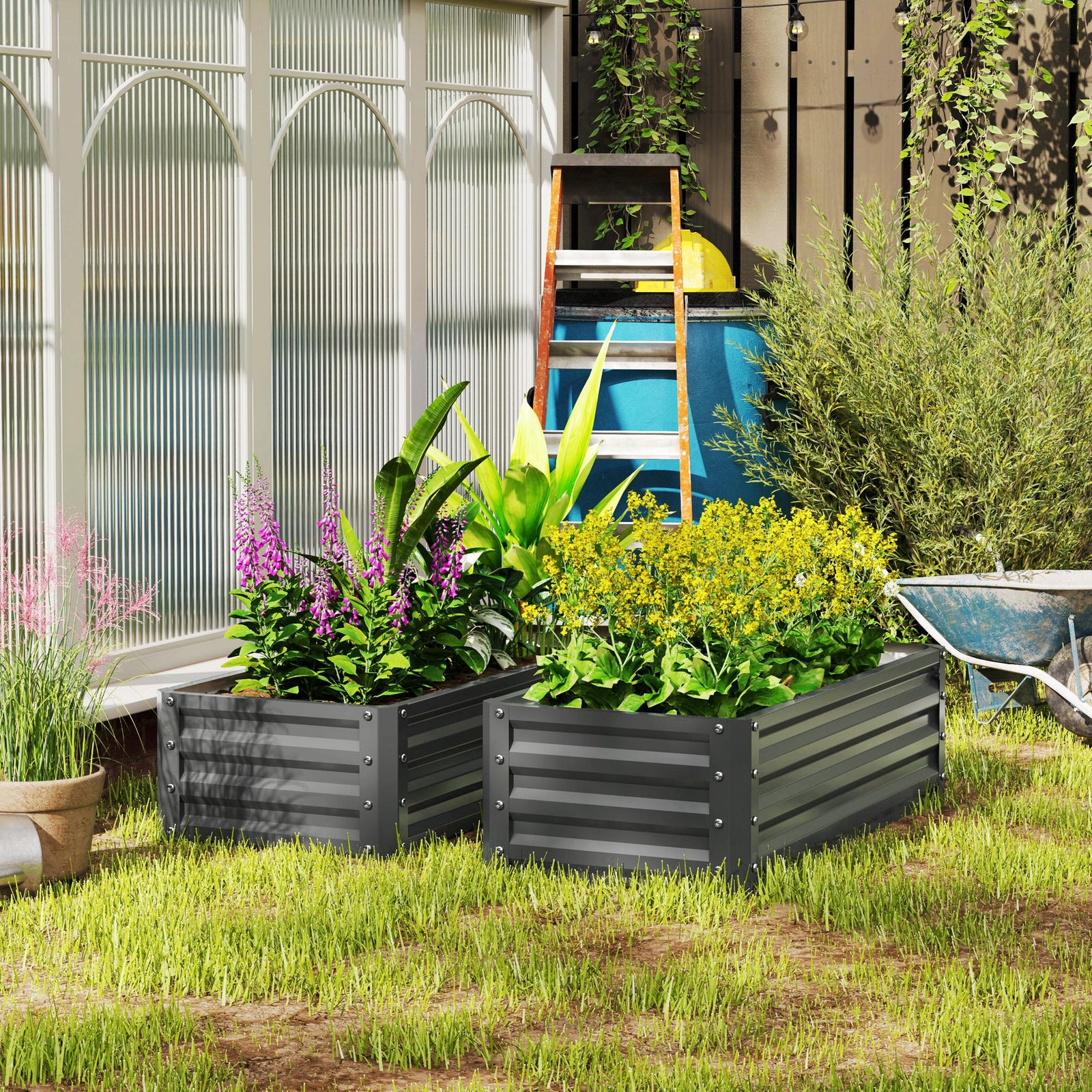 Set of Two 110 x 50cm Steel Planter Boxes - Light Grey