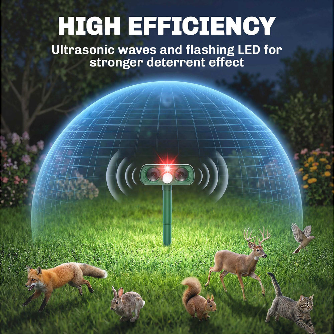 Ultrasonic Cat Repellent, PIR Motion Sensor 110°, LED Flash, Solar Cat