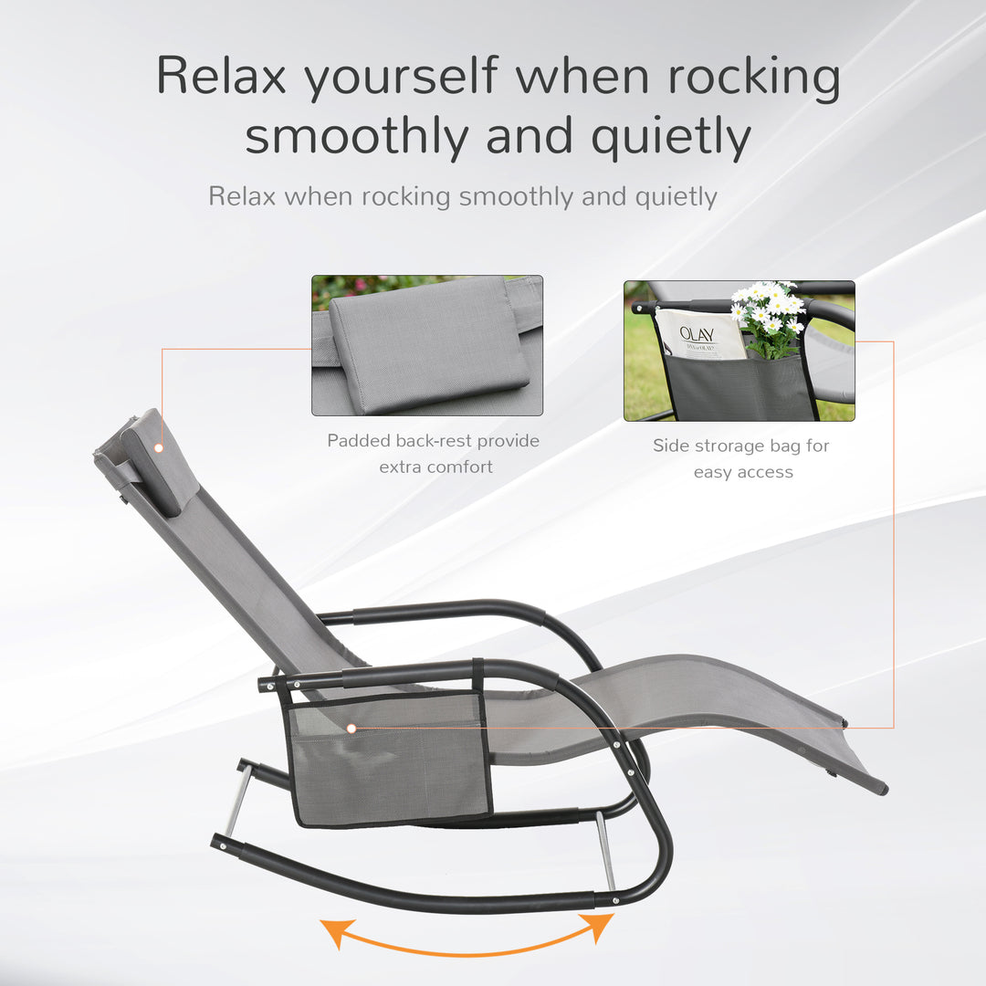 Outdoor Garden Rocking Chair, Patio Sun Lounger Rocker Chair with Breathable Mesh Fabric, Removable Headrest Pillow, Armrest, Side Storage Bag, Grey
