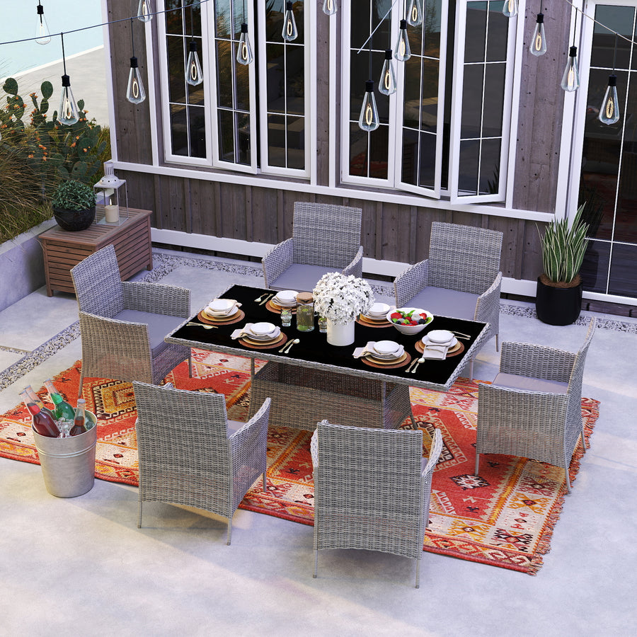 7-Piece Rattan Garden Furniture Set with Cushions, 6 Seater Garden Table and Chairs, Rattan Dining Set with 6 Armchairs, Rectangular Glass Top Table, Charcoal Grey