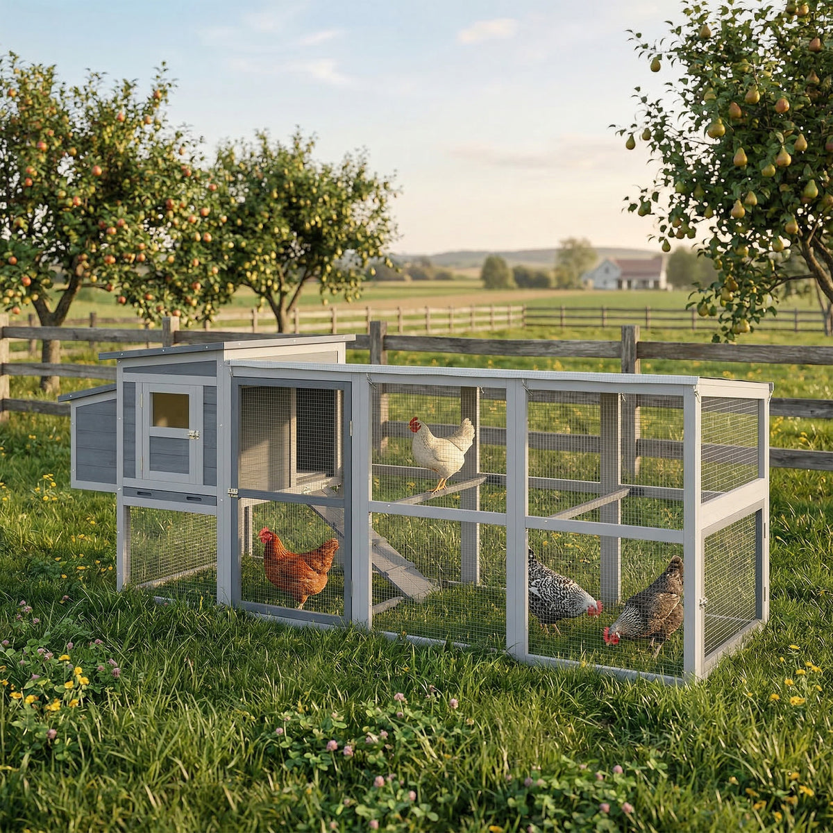 Large Chicken Coop, Wooden Hen House with Covered Run, Nesting Box, Pu