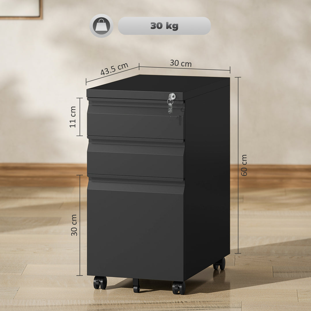 3-Drawer Steel Filing Cabinet with Lock and Wheels - Black