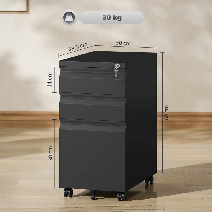 3-Drawer Steel Filing Cabinet with Lock and Wheels - Black