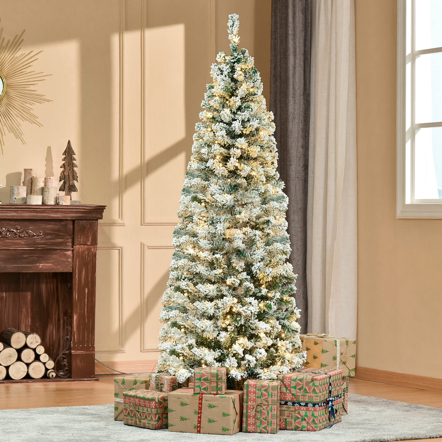 6FT Prelit Artificial Snow Flocked Christmas Tree with Warm White LED Light, Holiday Home Xmas Decoration, Green White